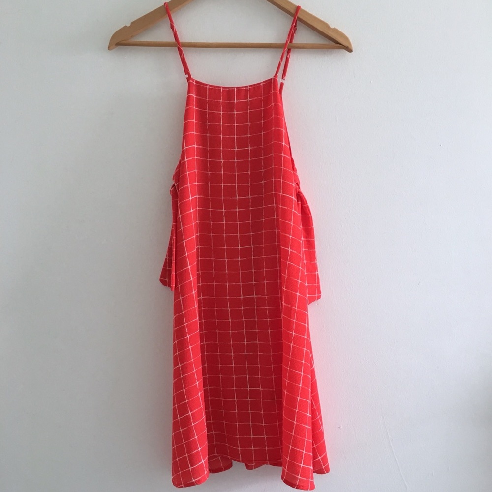 LULUS | Red White Windowpane Print Tie Tank Dress